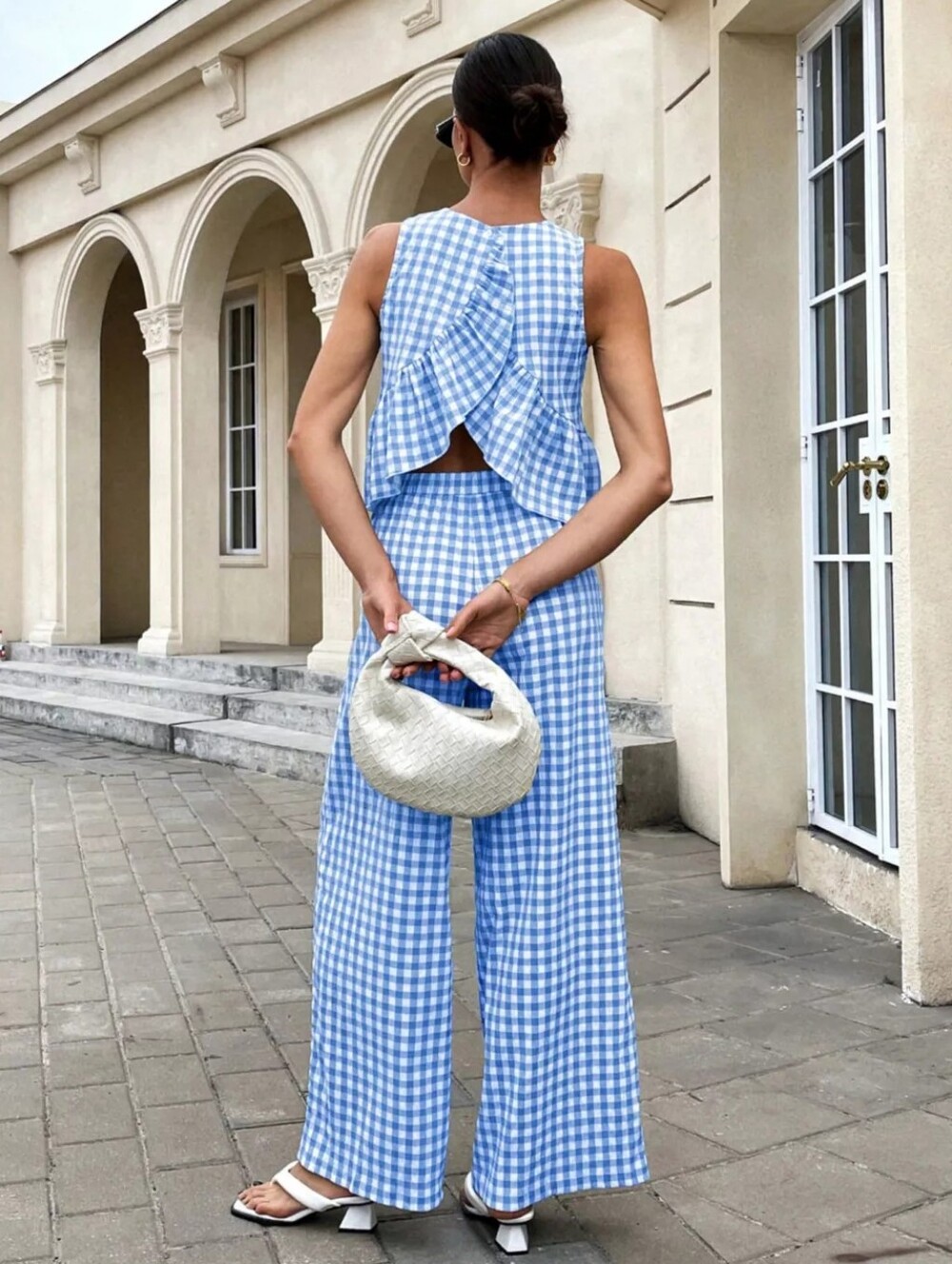 🌸Blue Gingham Peplum Top & Wide Leg Pants Set - Picture 4 of 4